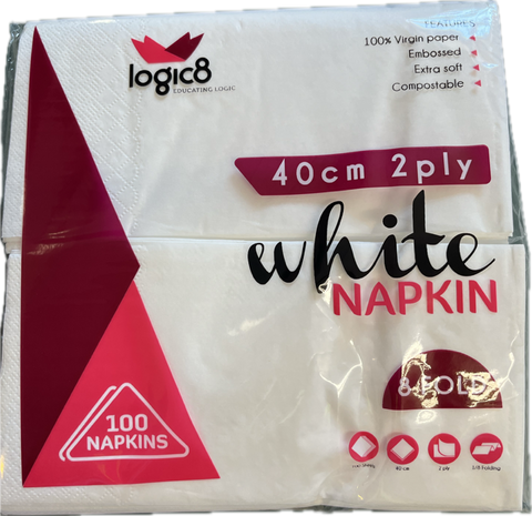 Napkin: 40 x 40 2Ply White- COMPOSTABLE (100 per packet)