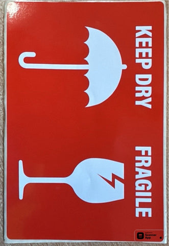 Label - Keep Dry Fragile - Red on White 100 x 150mm (500 roll )